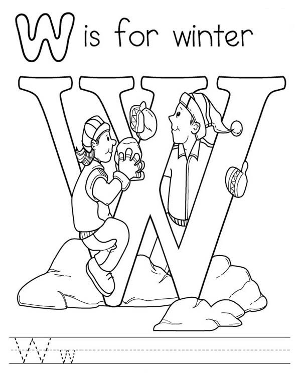 Letter W, : Learning Letter W is for Winter Coloring Page
