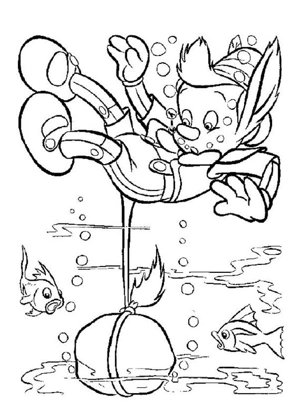 Pinocchio, : Pinocchio Drowning in the Bottom of River Coloring Pages