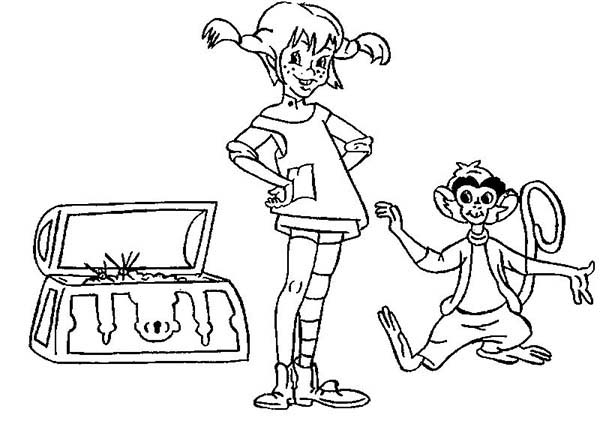 Pippi Longstocking, : Pippi Longstocking and Treasure Chest Coloring Pages