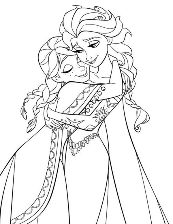 Princesses Birthday, : Princess Ana Hug Queen Elsa in Princesses Birthday Coloring Pages