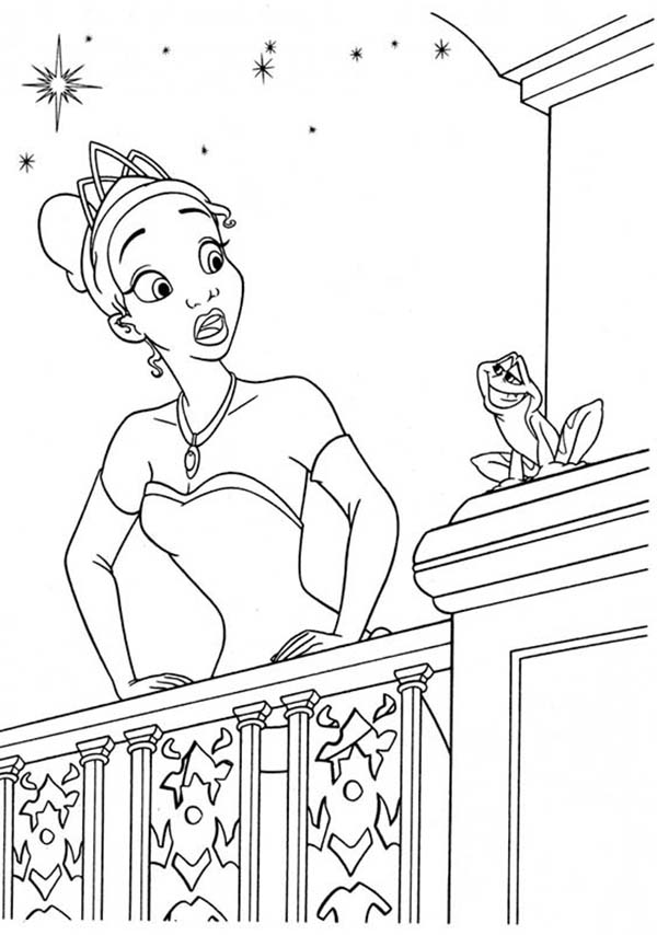 Princess and the Frog, : Princess Tiana is Surprised Saw Talking Frog in Princess and the Frog Coloring Pages