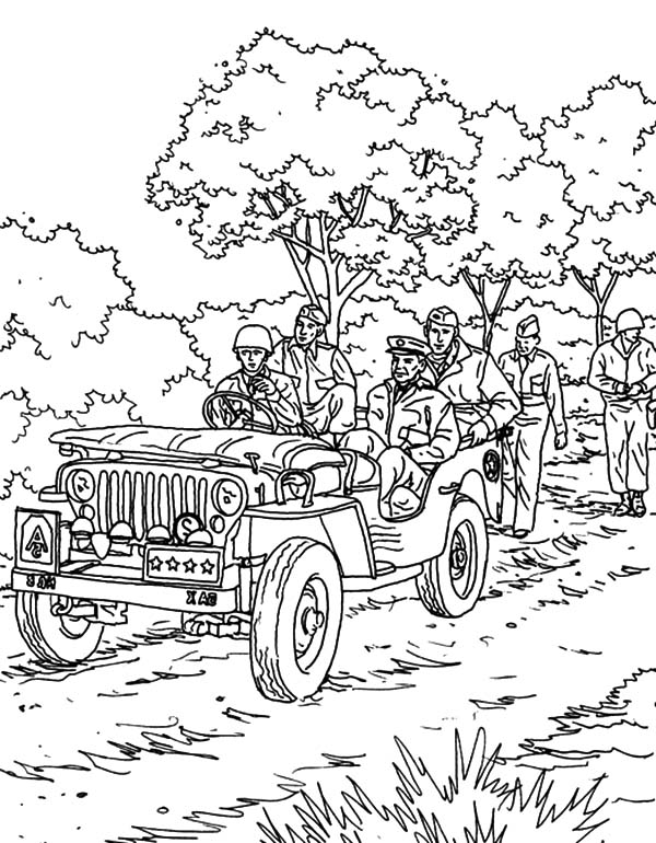 Army Car, : An Army Troops Partol with Army Car Coloring Pages